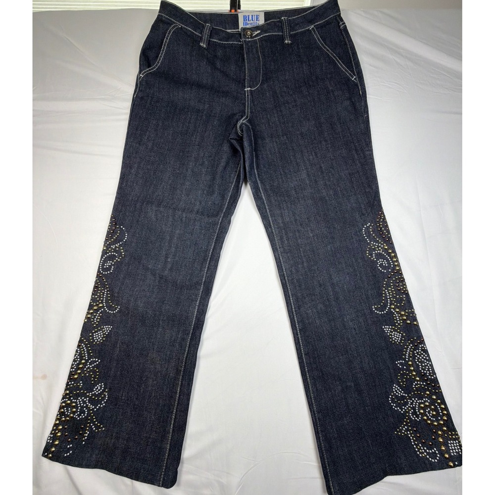 Blue Identity Y2K Vintage Womens 12P Dark Wash Studded Wide Leg Denim Jeans